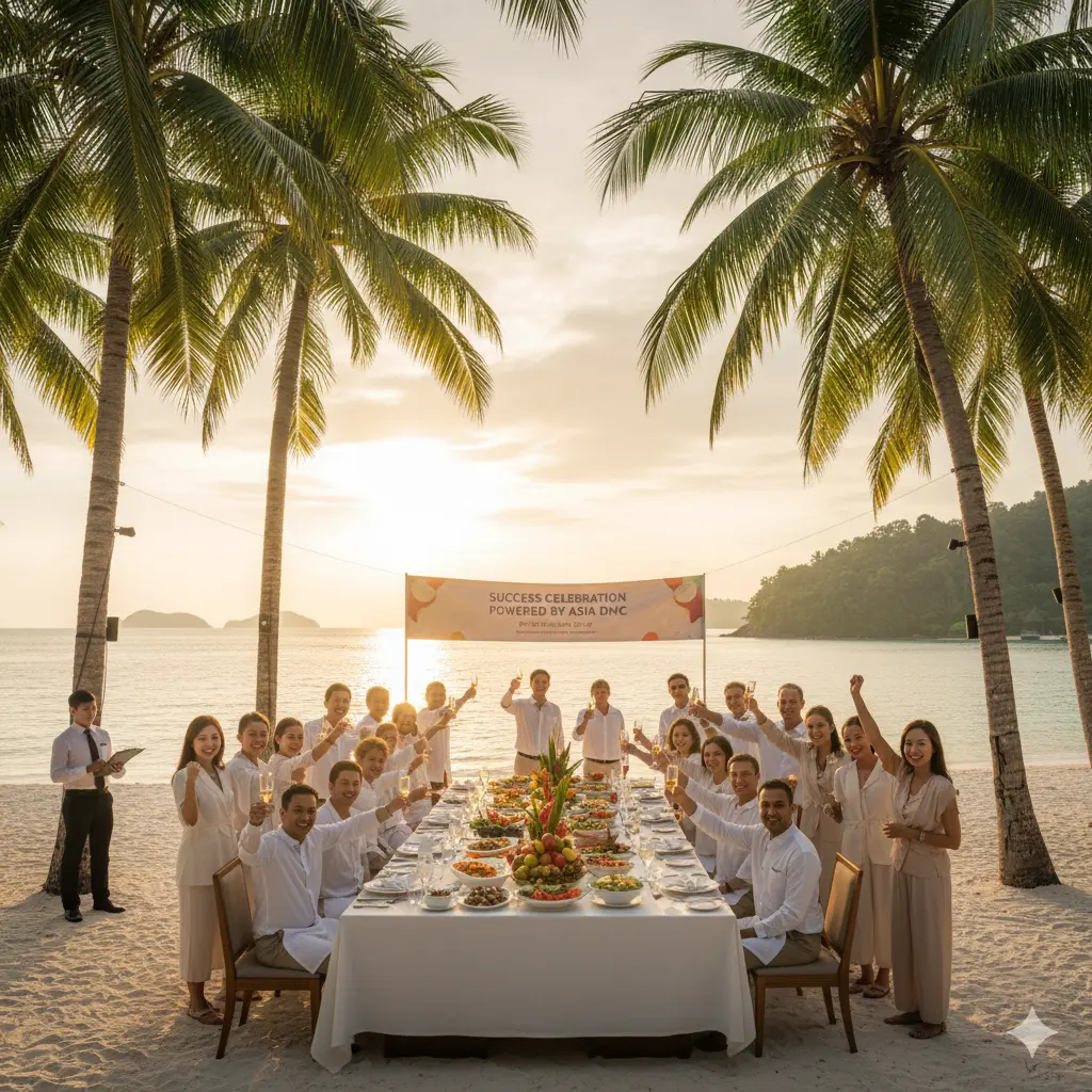 Corporate group celebrating incentive trip at tropical Malaysian resort