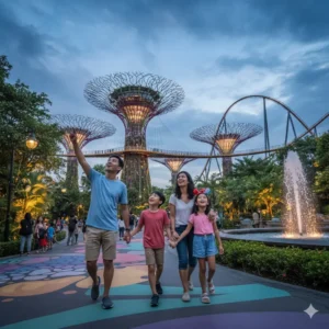 happy family exploring a theme park together in Singapore