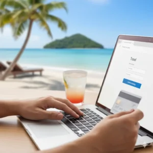 Traveler booking flights and hotels online through travel website on laptop