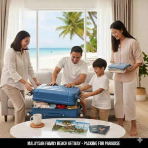 Happy Malaysian family packing luggage for beach vacation