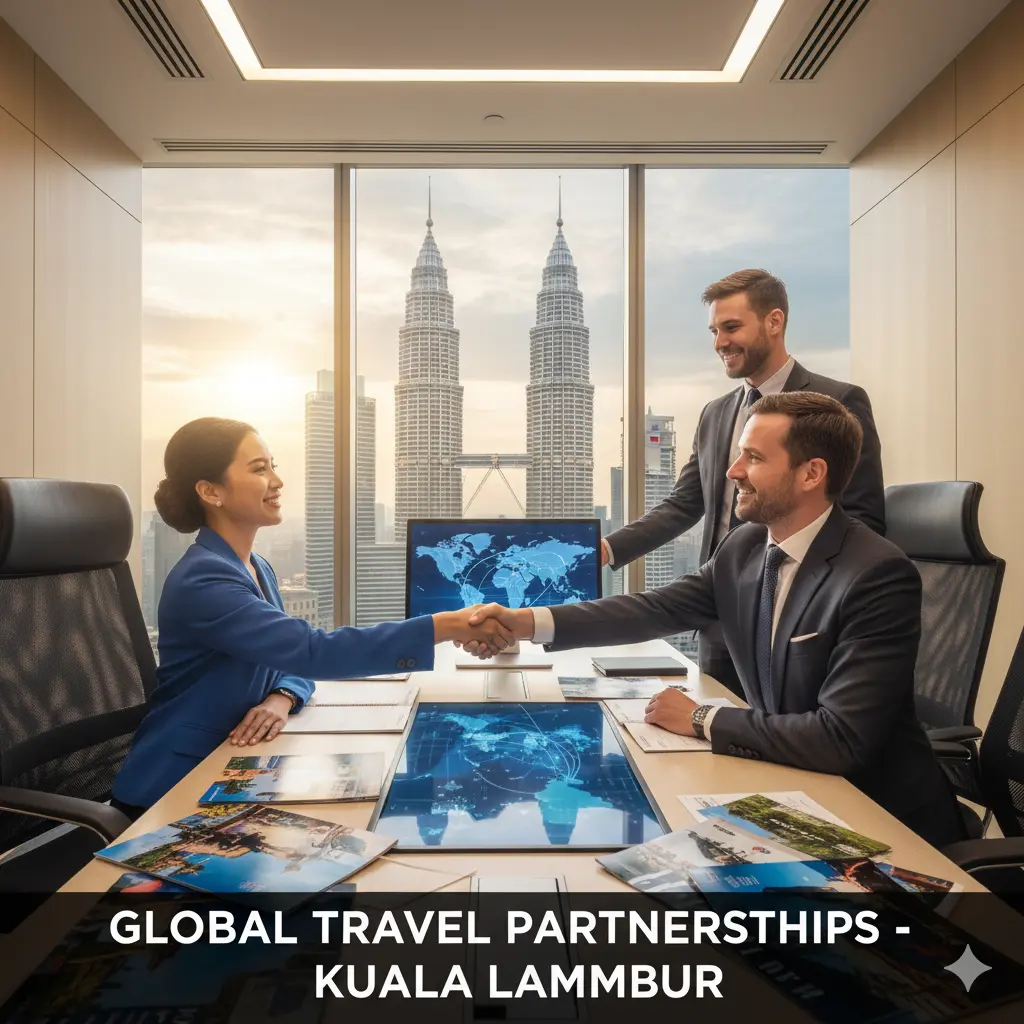 Travel professionals shaking hands in Kuala Lumpur office with brochures and maps