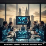 Corporate planners discussing event travel budget with Malaysia skyline view