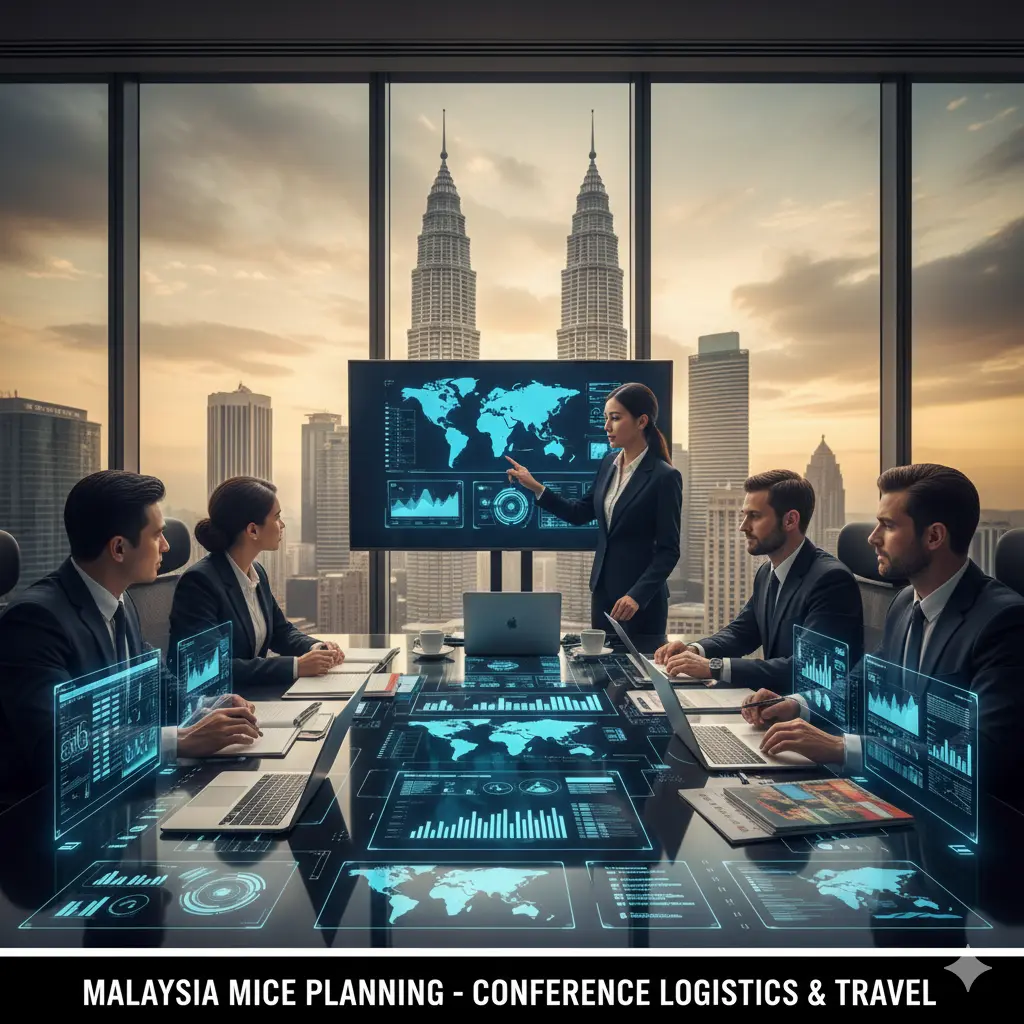 Corporate planners discussing event travel budget with Malaysia skyline view