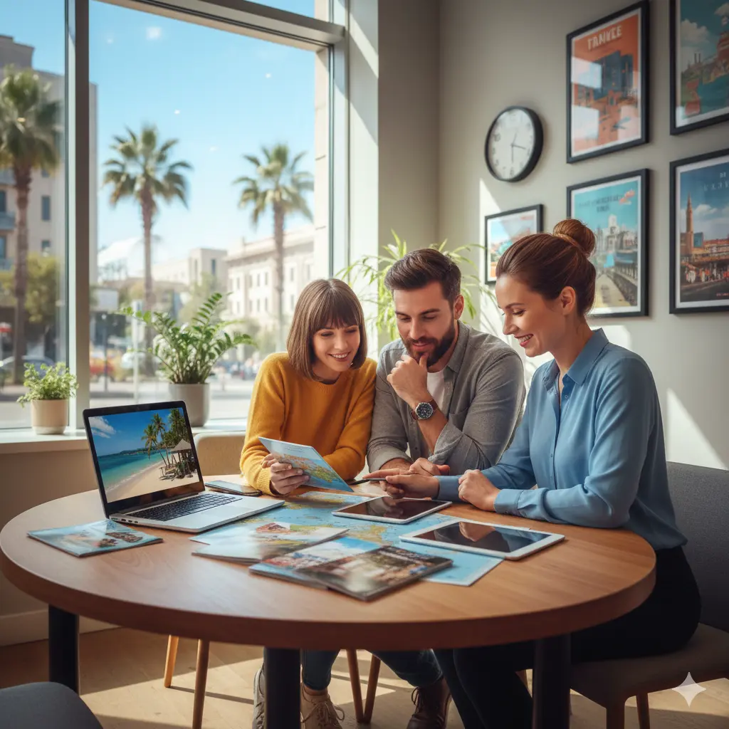 Couple or family choosing holiday packages with a travel consultant