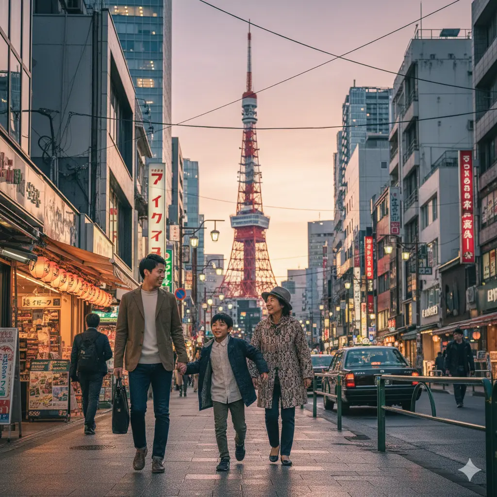 Family exploring Tokyo city with Tokyo Tower in background