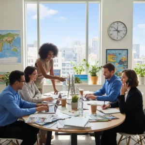 Travel agency team working together