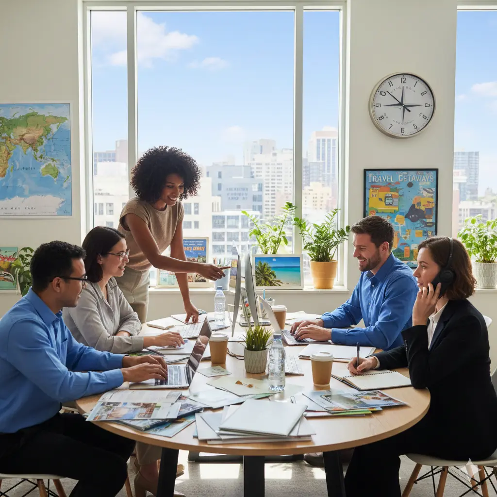 Travel agency team working together