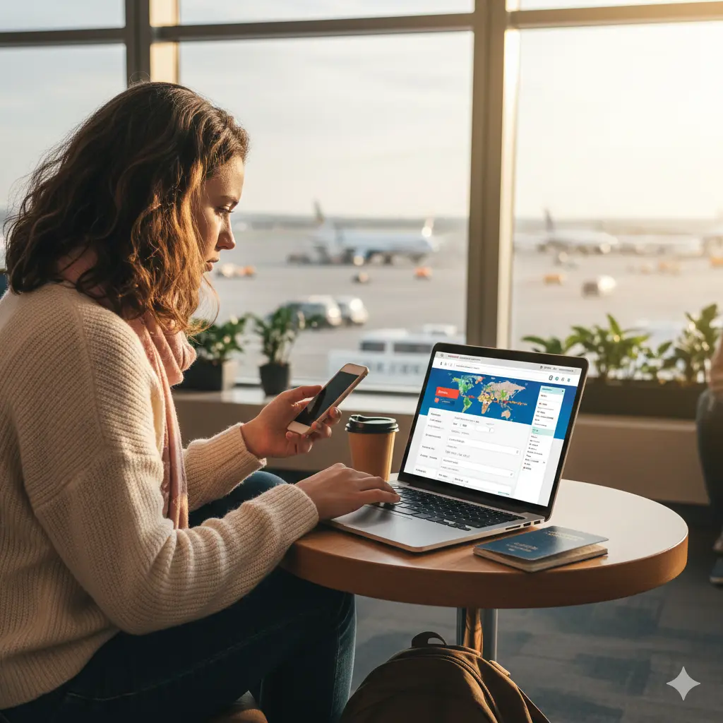 Traveler booking a flight on a laptop or mobile