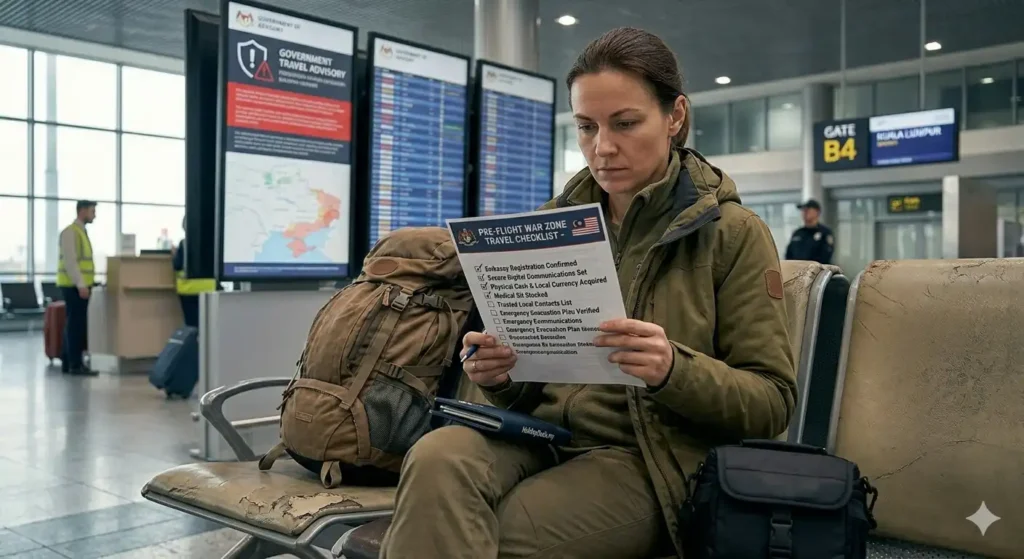 how to travel safe in a war situation — traveller reviewing safety checklist before flight