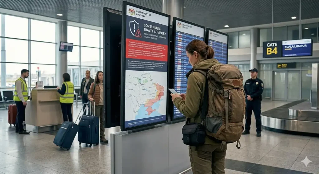 travel during war situation — traveller checking government safety advisory at airport