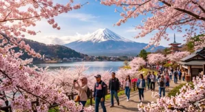 holiday packages from Malaysia to Japan 2026 Mount Fuji with cherry blossom and tourists