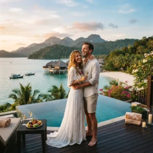 Romantic couple enjoying a Malaysia honeymoon with tropical island and luxury travel experiences