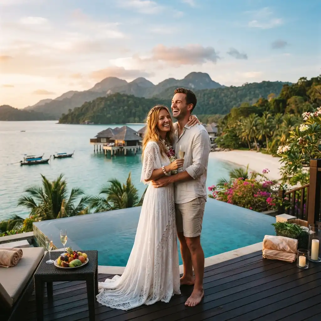 Romantic couple enjoying a Malaysia honeymoon with tropical island and luxury travel experiences