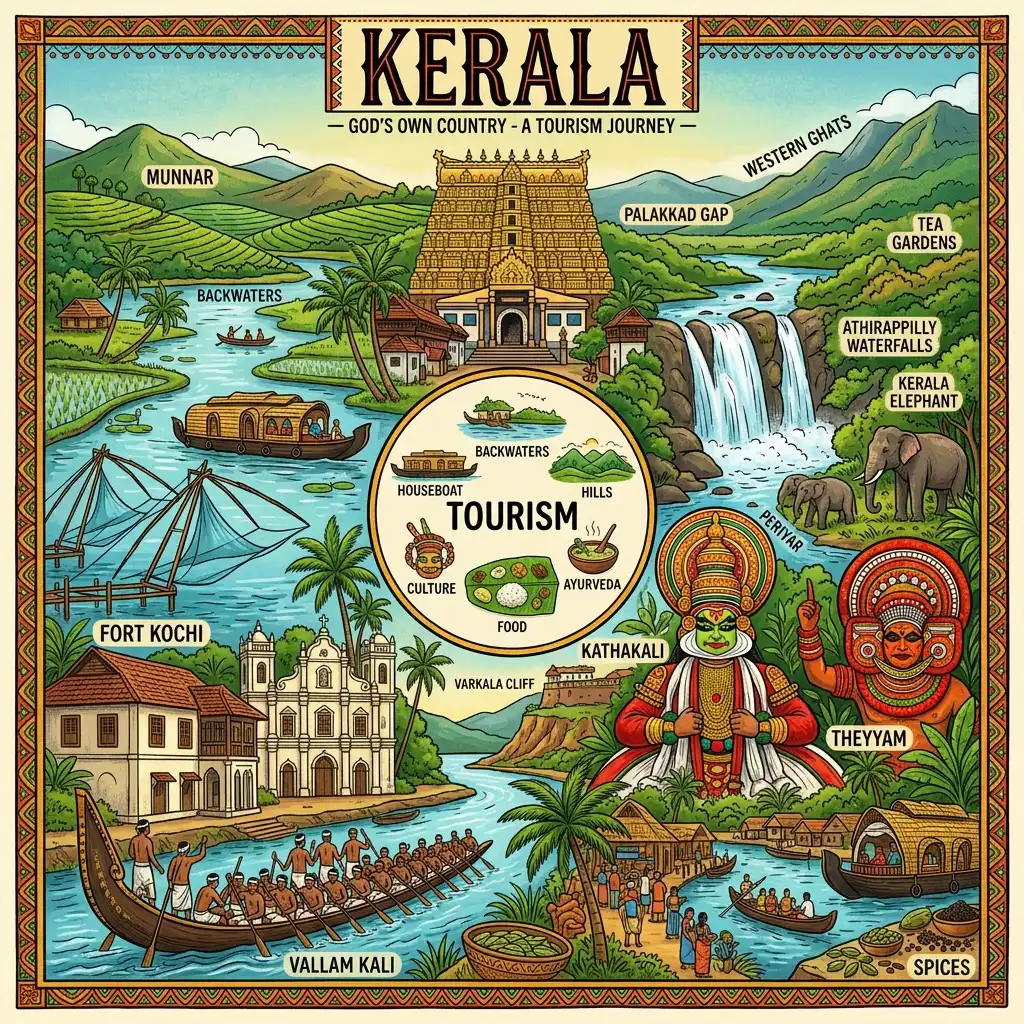 Kerala holiday featuring Munnar tea plantations, Alleppey backwaters and scenic green landscapes