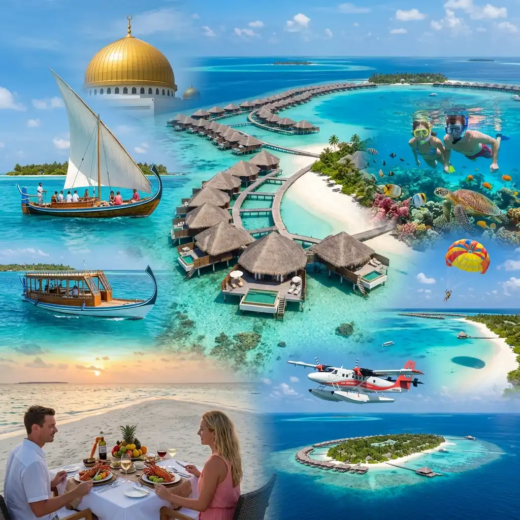 Maldives holiday featuring tropical islands, white sandy beaches and crystal-clear turquoise water