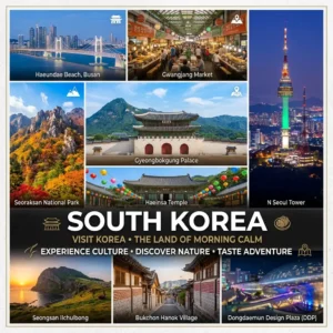 South Korea travel featuring Seoul city, traditional palaces, Busan and Jeju Island scenery