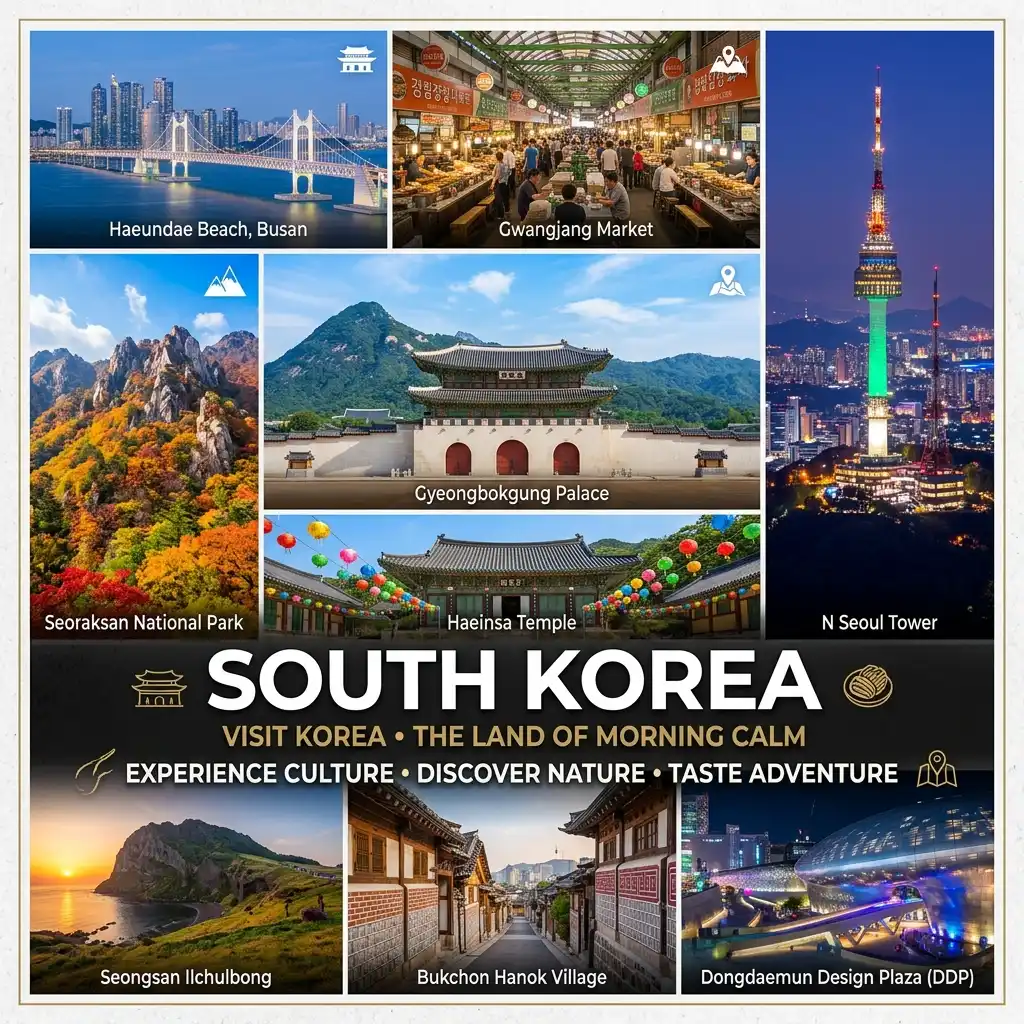 South Korea travel featuring Seoul city, traditional palaces, Busan and Jeju Island scenery